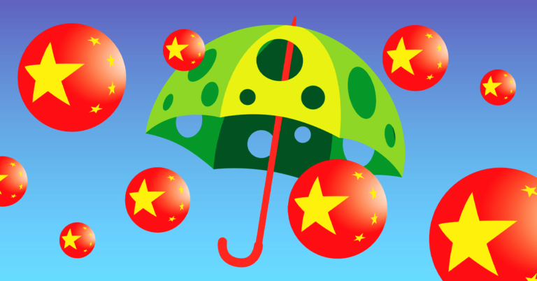 Green umbrella with bubbles incorporating the Chinese flag