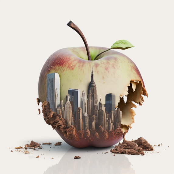New York skyline projected on to the image of a rotting Apple